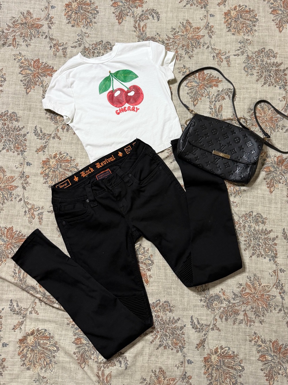 Rock Revival black skinny Jeans and she in White Tee with Red Cherry Graphic - Picture 2 of 7